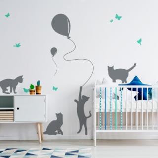 Nástěnná samolepka - stínové obrázky - kočky s balónky barva doplňky: mátová, barva kočky: mátová