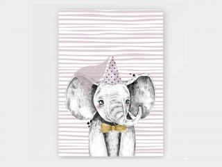 Plakát Slon rozměr: 13 x 18 cm, varianty: Slon šedý s růžovou čepicí