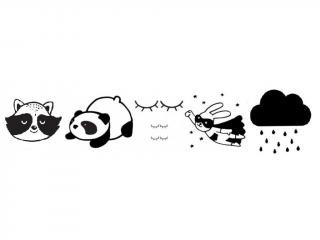 Sada 7 ks nálepek: zajíc + panda + mýval + mráček + 3x zavřená očička barevna varianta: černá