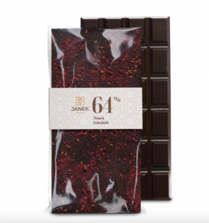 Čokoláda JANEK - 64% čokoláda s drcenými ostružinami a malinami 85 g