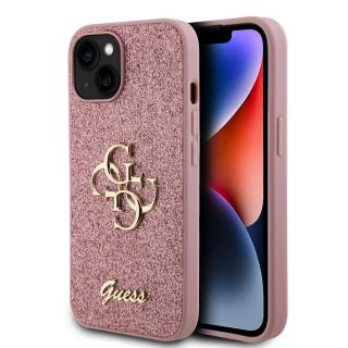 Ochranný kryt na iPhone 15 - Guess, Fixed Glitter 4G Metal Logo Pink