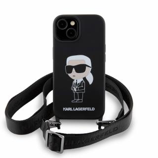 Ochranný kryt na iPhone 15 - Karl Lagerfeld, Liquid Silicone Crossbody Ikonik Black