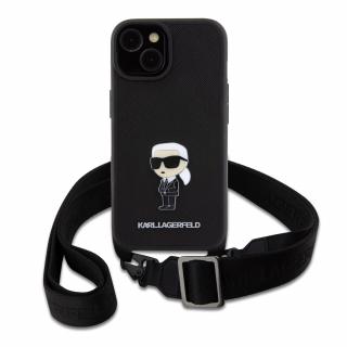 Ochranný kryt s crossbody popruhem pro iPhone 15 - Karl Lagerfeld, Saffiano Metal Ikonik Black