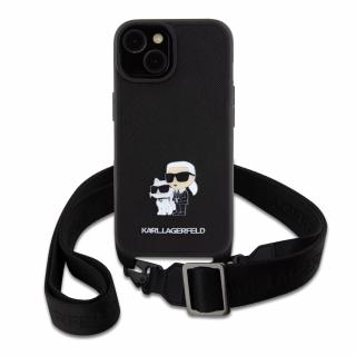 Ochranný kryt s crossbody popruhem pro iPhone 15 - Karl Lagerfeld, Saffiano Metal Karl and Choupette Black