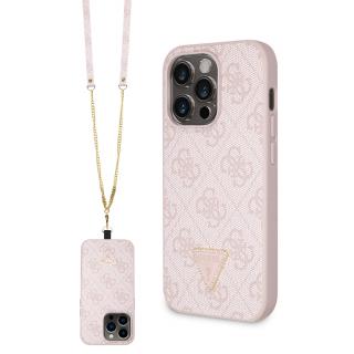 Ochranný kryt s crossbody popruhem pro iPhone 15 Pro - Guess, 4G Strass Triangle Metal Logo Pink