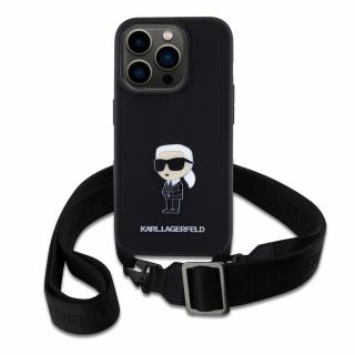 Ochranný kryt s crossbody popruhem pro iPhone 15 Pro - Karl Lagerfeld, Saffiano Metal Ikonik Black