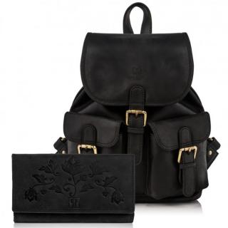 Dárková sada: Kožený retro batoh a peněženka; černá