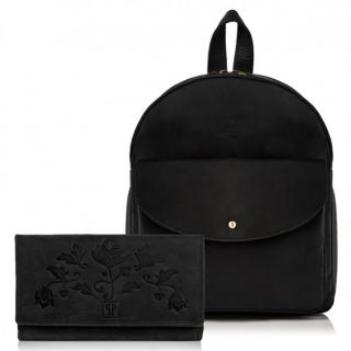 Dárková sada: Vintage dámský batoh a peněženka z pravé kůže; černá