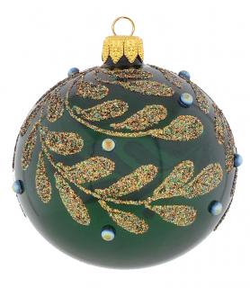 Vánoční ozdoba - Koule Nors, zelená barva, zlaté listy ø 10cm