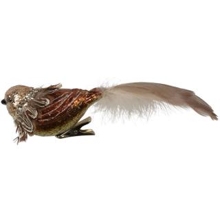 Vánoční ozdoba - Ptáček hnědozlatý s peřím 18 cm