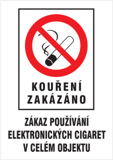 Kouření zakázáno - Zákaz používání el. cigaret v celém objektu (samolepka A4)