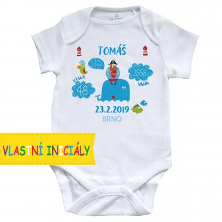 Dětské bodíčko s iniciály narození_námořník Velikost: 50 cm (novorozeně)