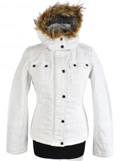 Dámská bílá prošívaná zimní bunda s kapucí s pravým kožíškem S