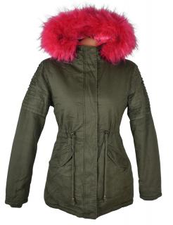 Dámská zimní khaki parka s červenou kožešinou ARINO S
