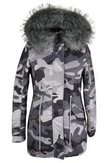 Dámská zimní šedá army parka s kapucí, kožešinou S'west S