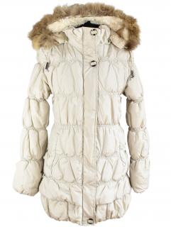 Dámský béžový prošívaný zimní kabát s kapucí s pravým kožíškem M