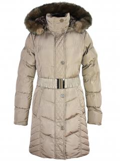 Dámský béžový prošívaný zimní kabát s páskem a kapucí Forest M