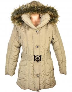 Dámský béžový prošívaný zimní kabát s páskem a kapucí Grace L/XL