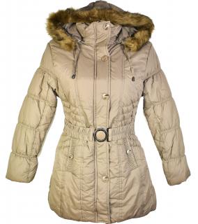 Dámský béžový prošívaný zimní kabát s páskem a kapucí M