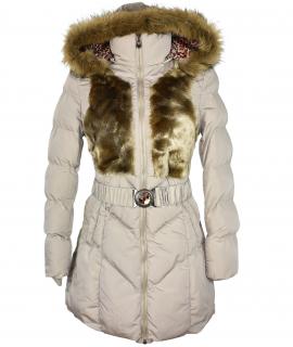 Dámský béžový zimní kabát s páskem a kožíškem Gallop M