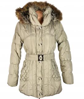 Dámský béžový zimní prošívaný kabát s páskem a kapucí Forest S