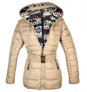Dámský béžový zimní prošívaný kabát s páskem a kapucí Tom Fashion S