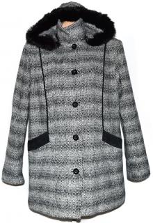Dámský černobílý zimní kabát s kapucí s pravou kožešinou XXL