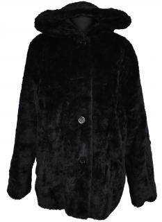 Dámský černý kabát z umělé kožešiny s kapucí L