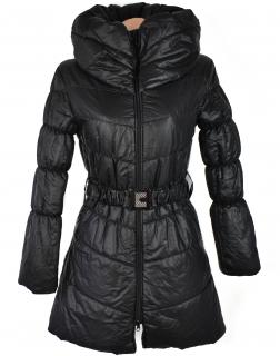 Dámský černý prošívaný kabát s páskem a límcem S/M
