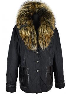 Dámský černý prošívaný zateplený kabát s pravou kožešinou Leder Pellicce XXL