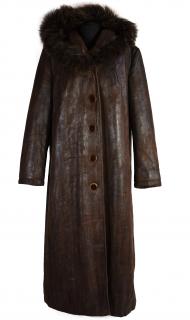 Dámský hnědý dlouhý kabát s kapucí s pravým kožíškem Getex XXXL