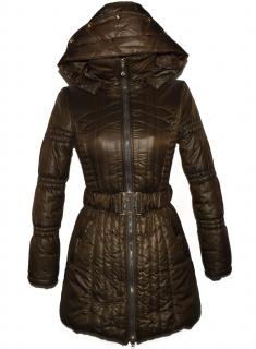Dámský hnědý prošívaný zimní kabát s páskem a kapucí MissGrace S
