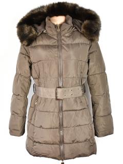 Dámský hnědý prošívaný zimní kabát s páskem a kapucí XL