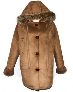 Dámský hnědý zimní kabát s kapucí, kožíškem uvnitř XL/XXL
