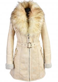 Dámský krémový zimní kabát s bohatým kožešinovým límcem Resalsa M