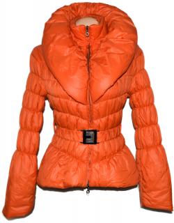 Dámský oranžový šusťákový kabát s páskem a límcem M
