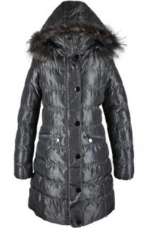 Dámský prošívaný kovový kabát s kapucí s pravou kožešinou O&S Paris M