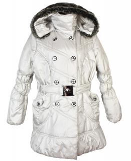 Dámský šedo-stříbrný prošívaný kabát s páskem a kapucí Nicole XXXL