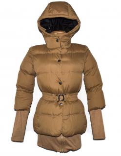 Dámský šusťákový teplý prošívaný hnědý kabát s páskem a kapucí XS