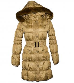 Dámský zlatý prošívaný zimní kabát s páskem a kapucí S