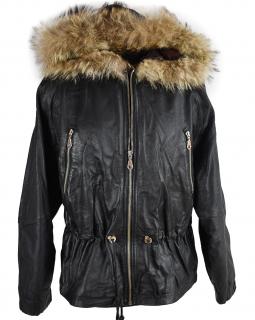 KOŽENÁ dámská černá měkká bunda - parka s kapucí s pravou kožešinou 38