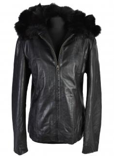 KOŽENÁ dámská černá měkká bunda s kapucí s pravou kožešinou KARA 42