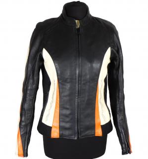 Kožená dámská černo-oranžovo-smetanová motorkářská bunda  S*