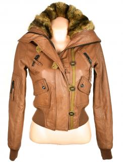 KOŽENÁ dámská hnědá měkká bunda na zip s pravým kožíškem Rino&Pelle 36