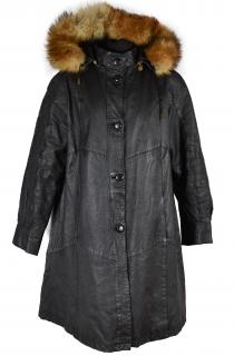 KOŽENÝ dámský černý kabát s kapucí s pravou kožešinou 48