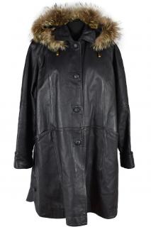 KOŽENÝ dámský černý kabát s kapucí s pravou kožešinou a odnimatelnou zimní vložkou Paris XL