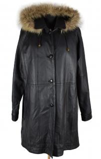 KOŽENÝ dámský černý kabát s kapucí s pravou kožešinou a odnimatelnou zimní vložkou XXL