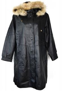 KOŽENÝ dámský černý kabát s odnimatelnou zimní vložkou a kapucí s pravým kožíškem XXL