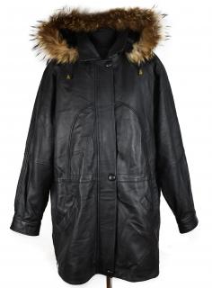 KOŽENÝ dámský černý měkký kabát s odnimatelnou vložkou a kapucí s pravým kožíškem XXL
