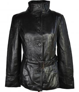 KOŽENÝ dámský černý měkký kabát s páskem 42